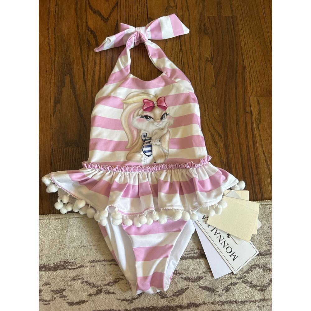 Monnalisa NEW Lola Bunny Toddler Swimsuit Pink White Stripe 2T 92cm